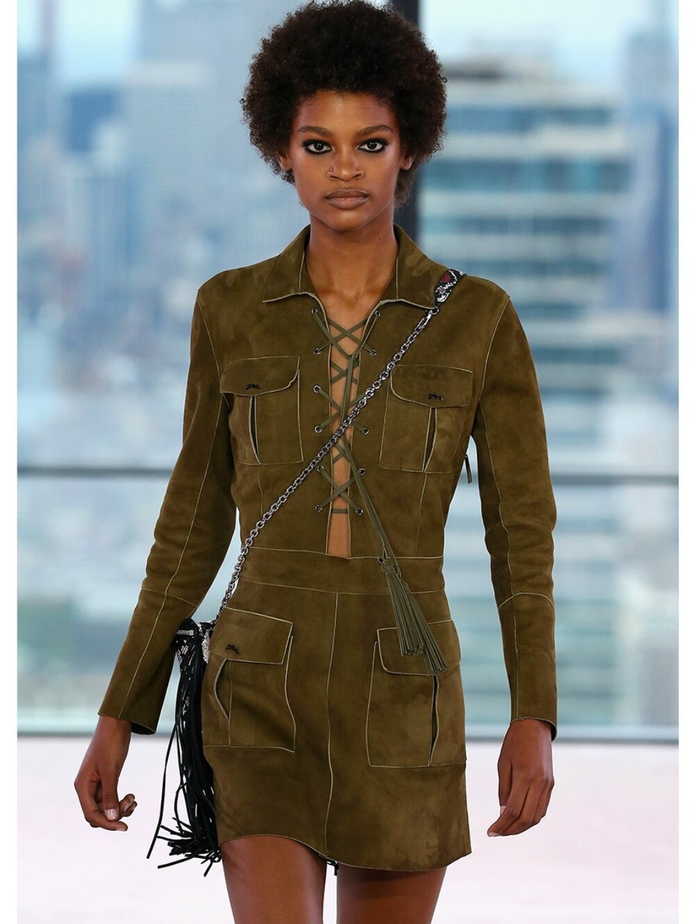 LONGCHAMP Lace-up Front Long Sleeve Suede Mini Dress Khaki FR 38 US 6 Org $1,470
